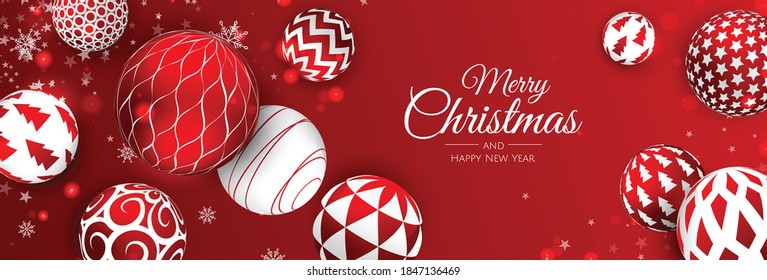 Merry Christmas and Happy New Year Holiday. Xmas design with realistic vector 3d objects, golden christmass ball, snowflake, glitter gold confetti.