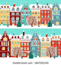 Merry Christmas and Happy New Year greeting card, vector illustration with Christmas tree, hand written lettering, winter town, can used like seamless pattern.