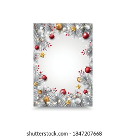 Merry christmas and happy new year banner with red and gold balls and confetti