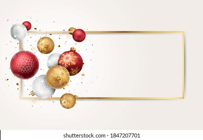 Merry christmas and happy new year banner with red and gold balls and confetti