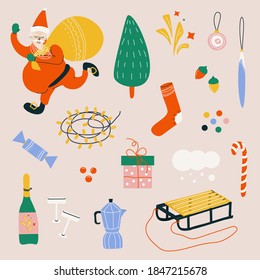 Merry Christmas and Happy New Year. Bright vector flat Christmas set of elements for decor in cartoon style. Santa Claus, Christmas tree, toys, sleigh, garland, fireworks, champagne. Holiday stickers.