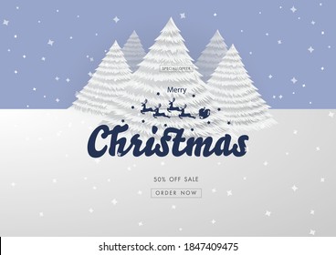 Merry Christmas and Happy new year background with calligraphic lettering and Santa claus sleigh Reindeers on Christmas tree background. Vector illustration template