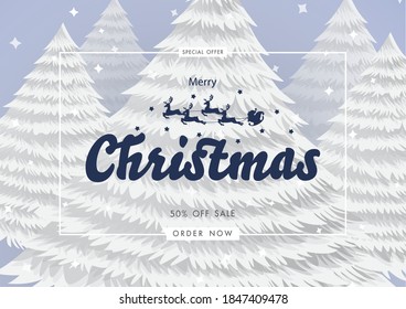 Merry Christmas and Happy new year background with calligraphic lettering and Santa claus sleigh Reindeers on Christmas tree background. Vector illustration template
