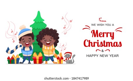 Merry Christmas and Happy New Year greeting card or banner. Cartoon characters African American black children and cat sing Christmas carol song isolated on white background. Vector flat illustration