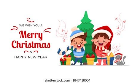 Merry Christmas and Happy New Year greeting card or banner. Cartoon characters children and cat singing Christmas carol song isolated on white background. Xmas Singers. Vector flat illustration