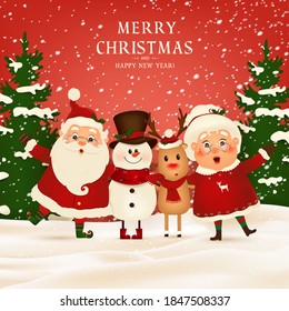 Merry Christmas. Happy new year. Funny Santa Claus with Mrs. Claus, red-nosed Reindeer, snowman in Christmas snow scene winter landscape. Mrs. Claus Together. Vector cartoon character of Santa Claus.