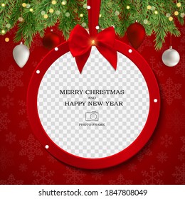 Merry Christmas And Happy New Year Photo Frame Template. Vector Illustration EPS10