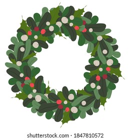 Merry Christmas and Happy New Year vector stock illustration in flat style. Greeting card element with winter floral. Christmas wreath isolated on white background for your winter design.