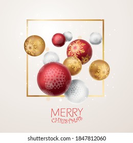 Merry christmas and happy new year banner with red and gold balls and confetti