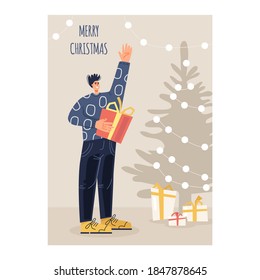 Merry Christmas and Happy New Year Festive postcard with congratulations on the coming year, a man, a tree, gifts. Flat trendy design. Vector stock illustration.