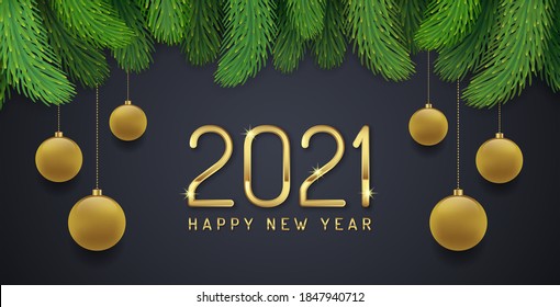 Merry christmas and happy new year 2021 banner template christmas tree, golden glitter balls, hanging stars and ribbons decoration for flyers, poster, web, banner, and card vector illustration