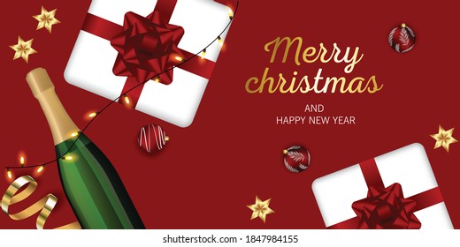 Merry Christmas and Happy New Year greeting with festive Christmas balls and gifts. holiday