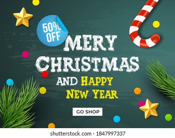 Merry Christmas and Happy New year greeting with green background. Horizontal Christmas posters, banner, greeting cards, headers, website. Objects viewed from above. Flat layer, top view