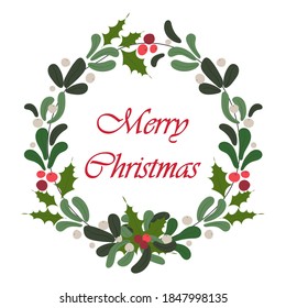 Merry Christmas and Happy New Year vector stock illustration in flat style. Greeting card element with winter floral. Christmas wreath isolated on white background for your winter design.