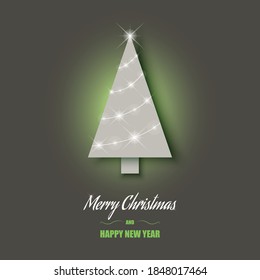 Merry Christmas and Happy new year vector illustration with christmas tree, fashionable cutout design.