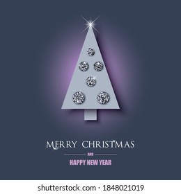 Merry Christmas and Happy new year vector illustration with christmas tree, fashionable cutout design and glitters.