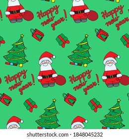 Merry Christmas and Happy New Year vector seamless pattern. Cute illustration in doodle style. Santa Clause, mistletoe and gifts. Creative print for clothes, web, greeting cards, gift wrap, design