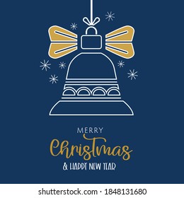 Merry Christmas and Happy New Year Winter Holidays Card with Christmas Bell, bow and stars - Vector Illustration