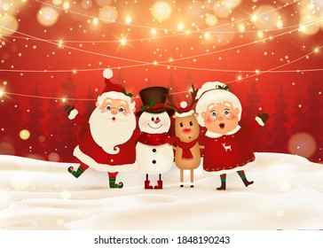 Merry Christmas. Happy new year. Funny Santa Claus with Mrs. Claus, red-nosed Reindeer, snowman in Christmas snow scene winter landscape. Mrs. Claus Together. Vector cartoon character of Santa Claus.