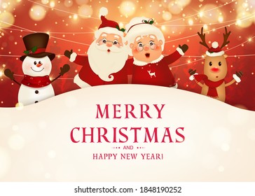 Merry Christmas. Happy new year. Funny Santa Claus with Mrs. Claus, red-nosed Reindeer, snowman in Christmas snow scene winter landscape. Mrs. Claus Together. Vector cartoon character of Santa Claus.