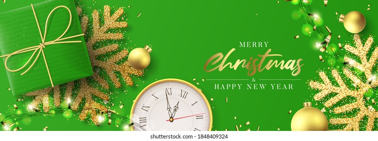 Merry Christmas and Happy New Year banner. Holiday background with realistic green gift box, light garlands, wall clock, Christmas balls, confetti and snowflakes. Vector illustration.