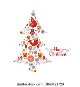 Merry Christmas and Happy New Year cards. Christmas tree, balls, gift stars, sequins and elegant lettering on a blue background