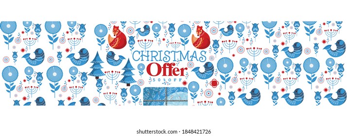 Merry Christmas and Happy New Year cards. Christmas tree, balls, gift stars, sequins and elegant lettering on a blue background