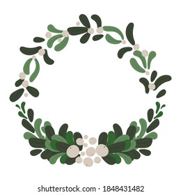 Merry Christmas and Happy New Year vector stock illustration in flat style. Greeting card element with winter floral. Christmas wreath isolated on white background for your winter design.