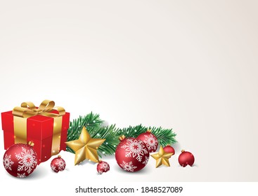 Merry christmas and happy new year banner with red and gold balls and confetti