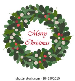 Merry Christmas and Happy New Year vector stock illustration in flat style. Greeting card element with winter floral. Christmas wreath isolated on white background for your winter design.