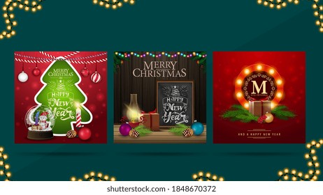Merry Christmas and Happy New Year, set of square greeting cards ready for print. Bright modern Christmas postcards