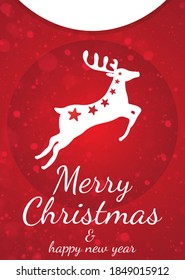 Merry christmas & happy new year. Red christmas card with deer and stars.