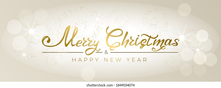 Merry Christmas and Happy New Year 2021. Greeting card with hand drawn lettering gold glittering on light background. For holiday invitations, banner, poster. Vector illustration.