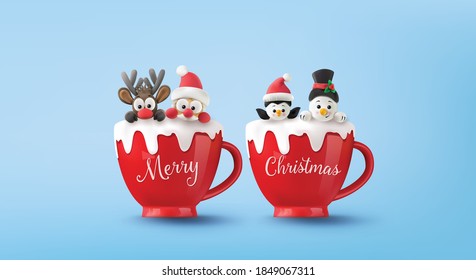 Merry Christmas and Happy and happy new year. Santa Claus, Snowman, Reindeer and penguin on red cup with snow. digital clay art style