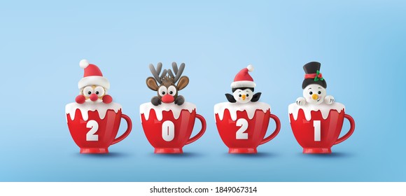 Merry Christmas and Happy and happy new year. Santa Claus, Snowman, Reindeer and penguin on red cup with snow. digital clay art style