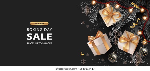 Merry Christmas And Happy New Year Background. Boxing Day Banner With Gift Boxes And Decorations