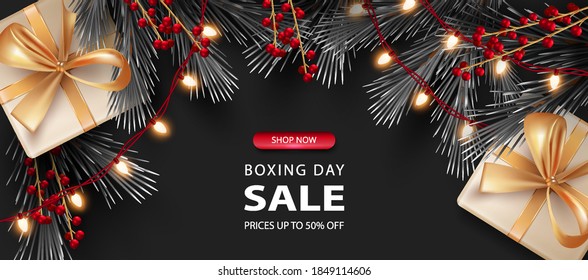 Merry Christmas And Happy New Year Background. Boxing Day Banner With Gift Boxes And Decorations