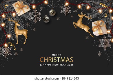 Merry Christmas and Happy New Year realistic banner with golden deer and Christmas decorations