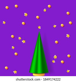 Merry Christmas and Happy New Year illustration. Winter holiday vector illustration. Christmas trees and golden decor. Festive composition with realistic 3D objects