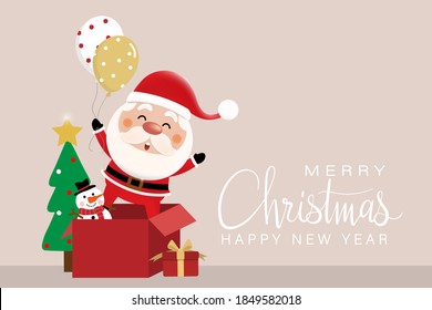 Merry Christmas and happy new year greeting card with cute Santa Claus. Holiday cartoon character vector. Lettering calligraphy hand written.