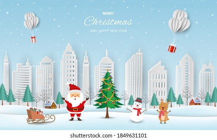 Merry Christmas and Happy new year greeting card,winter landscape with Santa Claus and friends send gift boxes by balloons,vector illustration