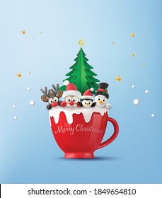 Merry Christmas and Happy and happy new year. Santa Claus, Snowman, Reindeer and penguin on red cup with snow. digital clay art style