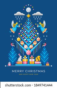Merry Christmas and Happy New Year greeting card. Cute Xmas story with festive objects and characters. Unusual style, bright design with dot texture. Easy to use and customisable. Vector.