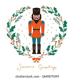 Merry Christmas and Happy New Year greetings card with cute Nutcracker