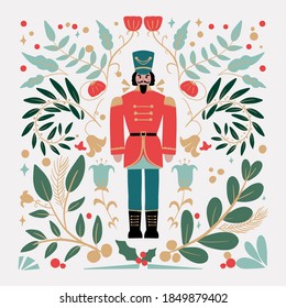 Merry Christmas and Happy New Year greetings card with cute Nutcracker