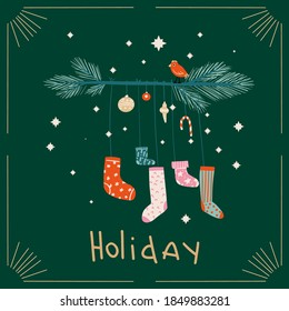 Merry Christmas and Happy New Year greetings card with Socks