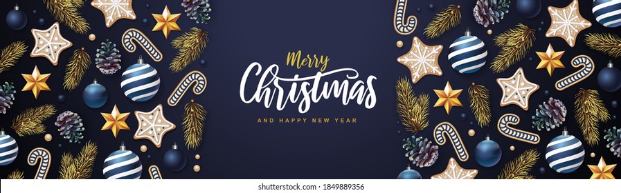 Merry Christmas and Happy New Year greeting card. Christmas holiday background with fir tree, snowflakes, glass balls, pine cones and stars