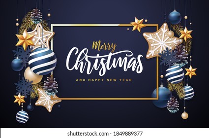 Merry Christmas and Happy New Year greeting card. Christmas holiday background with fir tree, snowflakes, glass balls, pine cones and stars