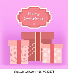 Merry Christmas and Happy New Year soft realistic pink greeting card with gifts and red frame with greeting text.