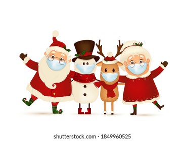 
Feliz Navidad. Feliz año nuevo. El gracioso Papá Noel con la linda señora Claus, reno de nariz roja, muñeco de nieve con mascarilla médica aislada. Sra. Claus Juntos. Caricatura vectorial de Santa Claus.